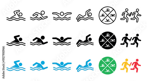 Various swimming and running sport icons illustrating different strokes and a relay race, presented in a clean, graphic, and colorful vector style