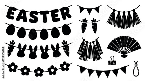 Various black silhouette Easter and festive garlands and decorative elements are presented in a collection, featuring eggs, bunnies, carrots, flowers, flags, and tassels, in a crisp, graphic style