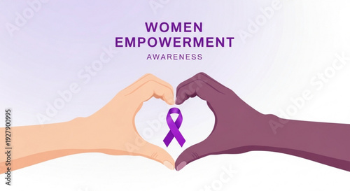 Diverse hands forming heart shape with purple ribbon for women empowerment awareness
