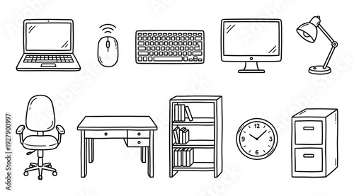 Collection of hand-drawn office items, including a laptop, mouse, keyboard, monitor, lamp, chair, desk, bookshelf, clock, and filing cabinet, presented in a simple, illustrative doodle style