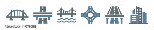 Collection of modern infrastructure icons depicting various bridges, roads, and city buildings, rendered in a clean, two-tone flat design style