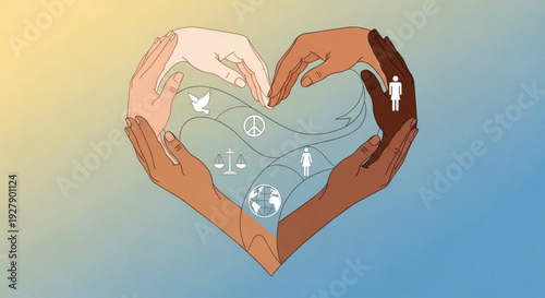 Diverse hands forming heart shape with peace symbols unity and love concept for social issues and equality