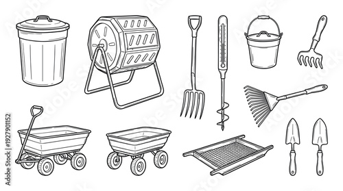 Various gardening and composting tools are depicted in a detailed black and white line art illustration, showcasing essential equipment for outdoor work and organic waste management