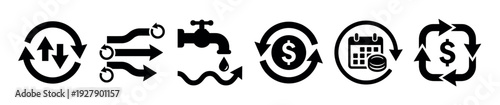 Six distinct black vector icons illustrate various concepts of recycling, continuous flow, financial cycles, and resource management with clear graphic symbols
