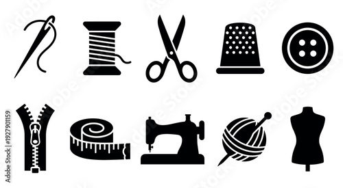 Collection of black silhouette sewing and tailoring icons, featuring ten distinct tools and accessories presented in a clean, minimalist graphic style