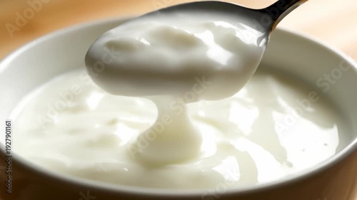 Close-up of creamy yogurt being scooped with a spoon from a white bowl