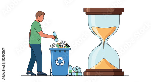 Man throwing recyclables into a blue recycling bin next to an hourglass on a white background with a focus on waste management and time.