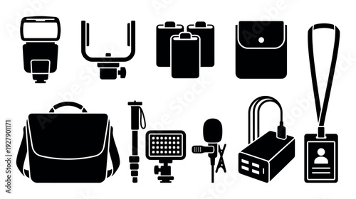 Various black silhouette photography and media equipment icons are neatly arranged, depicting essential tools for content creation and professional use in a clean, graphic style