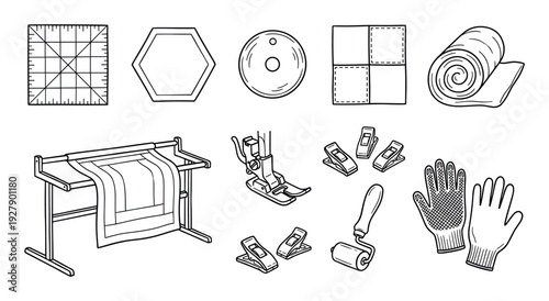 Comprehensive collection of essential quilting and sewing tools, meticulously illustrated in a clean line art style, showcasing various items for crafting fabric projects