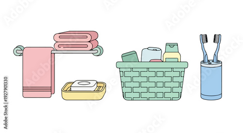 Flat lay illustration of bathroom essentials including towels, soap, a basket of toiletries, and toothbrushes in a pastel color palette against a clean white background.