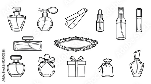 Various elegant perfume bottles and fragrance accessories are meticulously illustrated in a clean, hand-drawn outline style, showcasing a collection of luxury cosmetic items and gift packaging