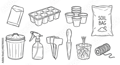 Various gardening tools and supplies are illustrated in a clean black and white line art style, featuring seed packets, seedling trays, pots, soil bag, spray bottle, plant markers, dibber, and twine