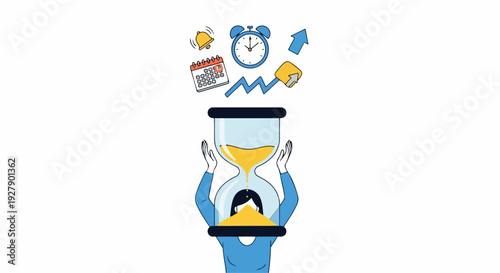 Cartoon man stressed with hourglass and chaotic symbols floating above his head on a clean white background.