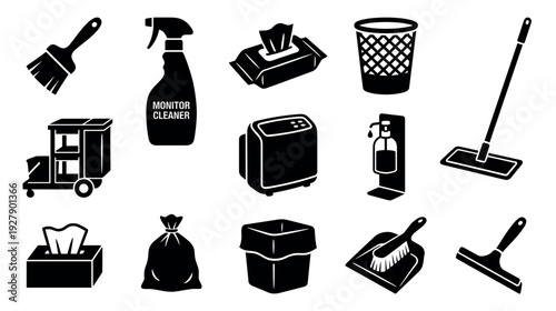 Various black silhouette cleaning tools and supplies icons, featuring a spray bottle, mop, dustpan, trash cans, and wipes, rendered with a modern, minimalist graphic style
