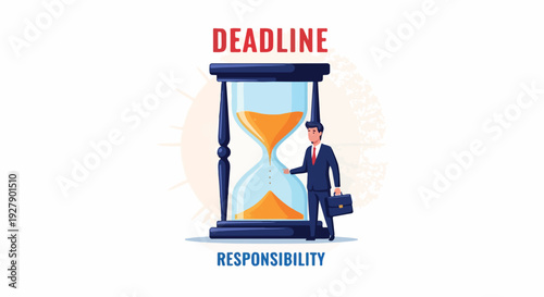 Illustration of a businessman standing next to an hourglass with deadline and responsibility text in a flat graphic design.