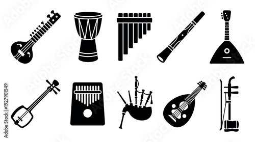 Diverse traditional musical instruments depicted as black silhouettes, showcasing a variety of string, wind, and percussion instruments in a clean, graphic style