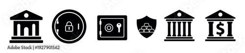 Six black and white financial security icons are neatly arranged in a row, depicting various aspects of banking, wealth protection, and secure transactions with a clean, modern, flat design style