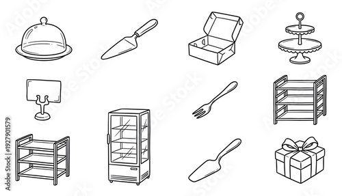 Various hand-drawn bakery and dessert display items are neatly arranged in a clean, illustrative black and white line art style, perfect for menus or shop graphics