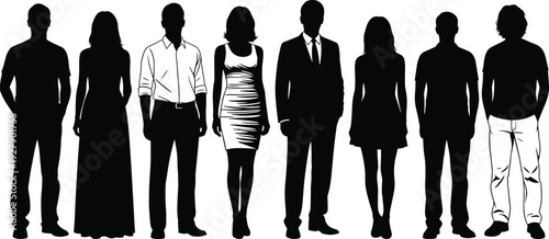 Collection of diverse people silhouettes standing together, men and women figures in casual and formal attire, vector illustration isolated
