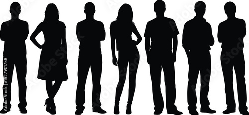 Silhouettes of diverse men and women standing in casual poses, representing group people, fashion, lifestyle, community and modern characters for design, marketing and creative projects.