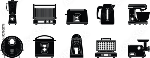 Collection of 10 professional black silhouette icons for small kitchen appliances, featuring blenders, kettles, mixers, and multicookers for culinary design.