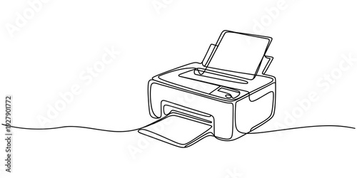 Continuous one line drawing of a printer. Vector illustration of office printing machine isolated on white background. Minimalist technology concept