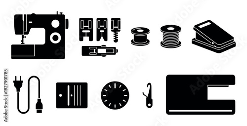 Comprehensive collection of black sewing machine accessories and tools is presented as a set of detailed silhouette icons, showcasing various components for textile crafting