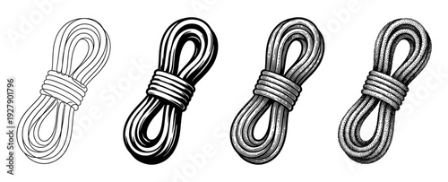 Four hand-drawn coiled ropes tied in various styles, showcasing different vintage illustration techniques like outline, solid, hatching, and stippling, presented as a graphic design element