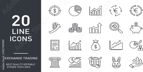 Exchange Trading and Financial Growth Line Icon Set Featuring Money, Charts, Analytics, Investment and Banking Symbols for Business and Fintech Vector Design