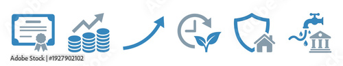 Six distinct blue and gray vector icons illustrate concepts of certification, financial growth, environmental sustainability, home protection, and utility management in a clean, modern style