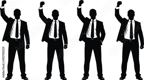 Confident businessman silhouettes with raised fist gesture, success and victory concept, corporate leadership illustration isolated on white background