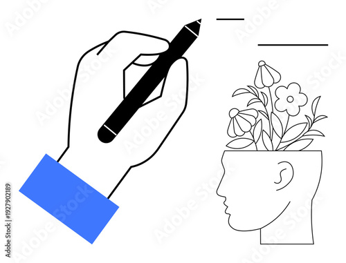 Hand holding a pen drawing lines, next to a human head filled with blooming flowers. Ideal for creativity, innovation, self-expression, growth, imagination, mental health education. Simple flat
