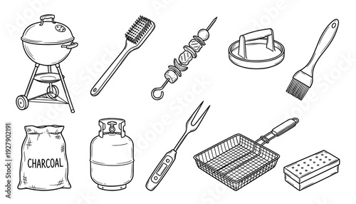 Comprehensive collection of barbecue and grilling tools, including a kettle grill, charcoal, and various utensils, rendered in a detailed hand-drawn outline style