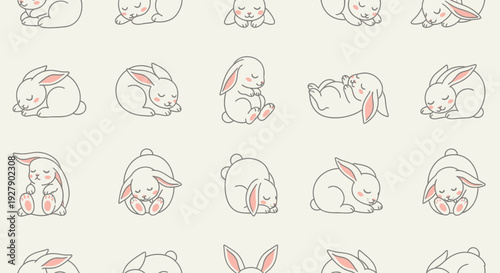 Collection of cute sleeping rabbits in various poses.
