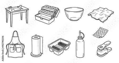 Various craft and utility items are neatly illustrated in a clean black and white outline style, showcasing essential tools and supplies for creative projects and everyday tasks