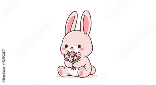 Cute cartoon rabbit holding a bouquet of flowers.