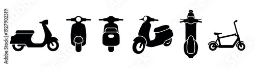 Six black silhouette scooter and electric scooter icons are neatly arranged, showcasing different angles and styles of urban transportation in a minimalist vector design