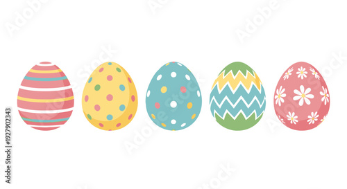 Five colorful Easter eggs with various patterns and designs.