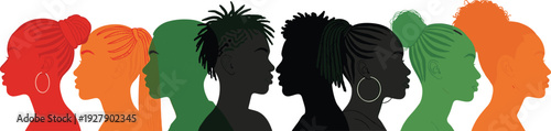 Colorful women profile silhouettes collection showcasing diverse hairstyles, beauty, identity, fashion and empowerment concept, modern vector illustration isolated