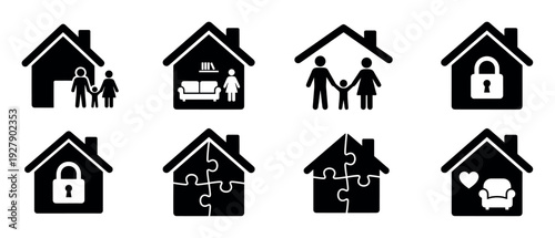 Eight black silhouette house icons represent various conceptual themes of home, family, security, and real estate, presented in a clean, graphic style