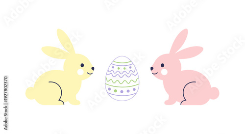 Two cartoon Easter bunnies facing a decorated egg.