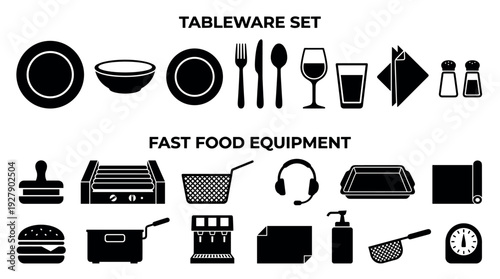 Various black silhouette icons representing kitchen and restaurant items, including tableware and fast food equipment, presented in a clean, graphic style