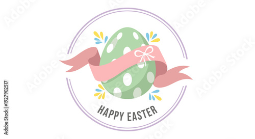 A charming green polka-dotted Easter egg with a pink ribbon, framed in a circle with "HAPPY EASTER" text, on a white background.