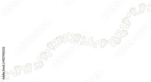 A winding trail of delicate, light-colored baby footprints and small animal paw prints on a clean white background, forming a gentle S-curve.