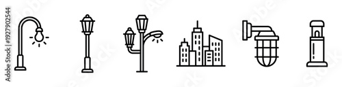 Various urban street lights and city buildings are depicted as minimalist line art icons, showcasing different designs for illumination and cityscape elements