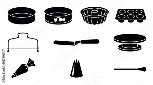 Various black silhouette baking tools and equipment icons are neatly arranged, showcasing essential kitchen utensils for cakes, muffins, and pastries in a clean, graphic style