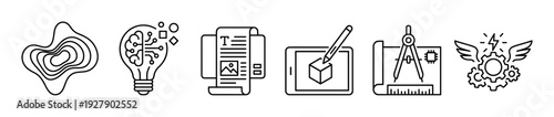 Six distinct black outline icons representing various creative and technical concepts, including AI, design, engineering, and innovation, presented in a clean, modern vector style