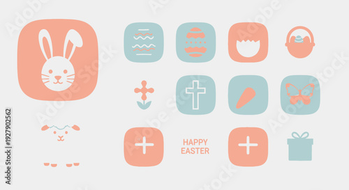 A collection of pastel-colored Easter-themed icons featuring bunnies, eggs, crosses, carrots, and baskets, perfect for holiday designs.
