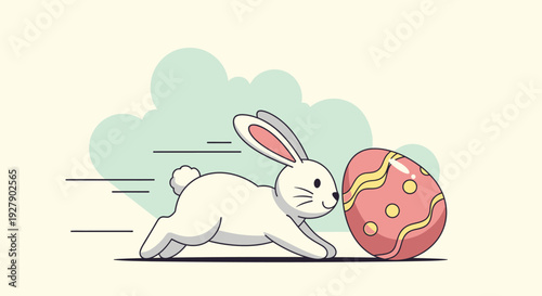 Cute cartoon white rabbit running fast next to a large decorated pink Easter egg with yellow patterns, set against a light background with a stylized green cloud.