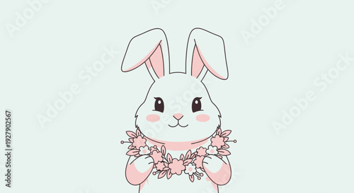 Cute cartoon white rabbit with pink ears and cheeks wearing a delicate pink floral lei against a light blue background.